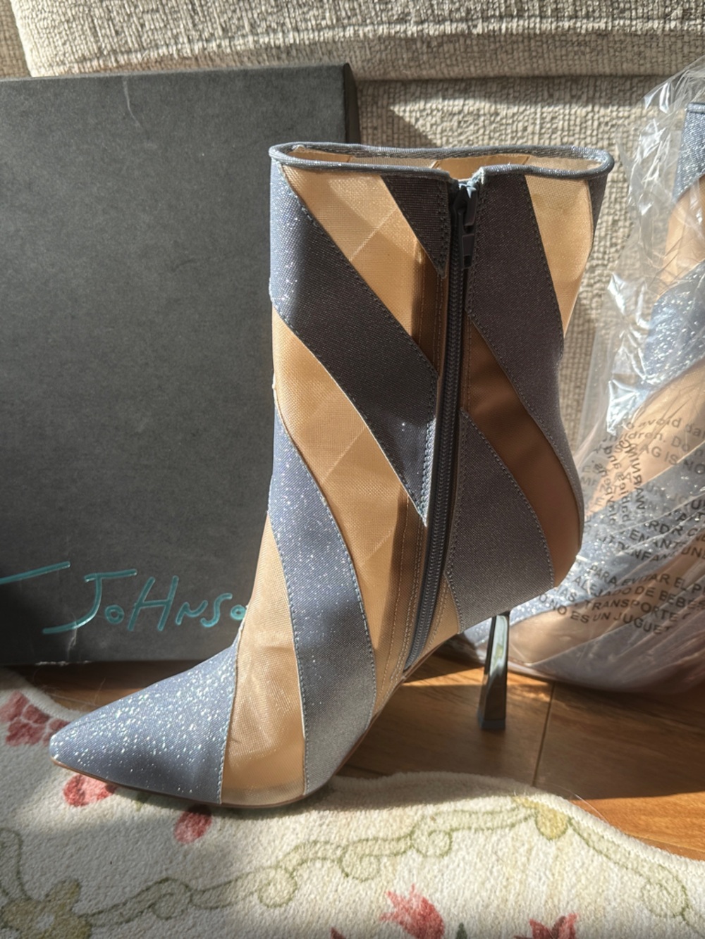 Betsey Johnson Glitter Pointed Toe Ankle Boots in Silver and Tan